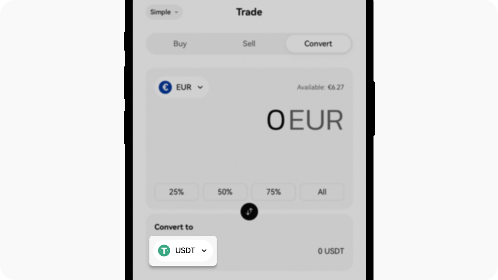 Select crypto at Convert to field on OKX EEA app