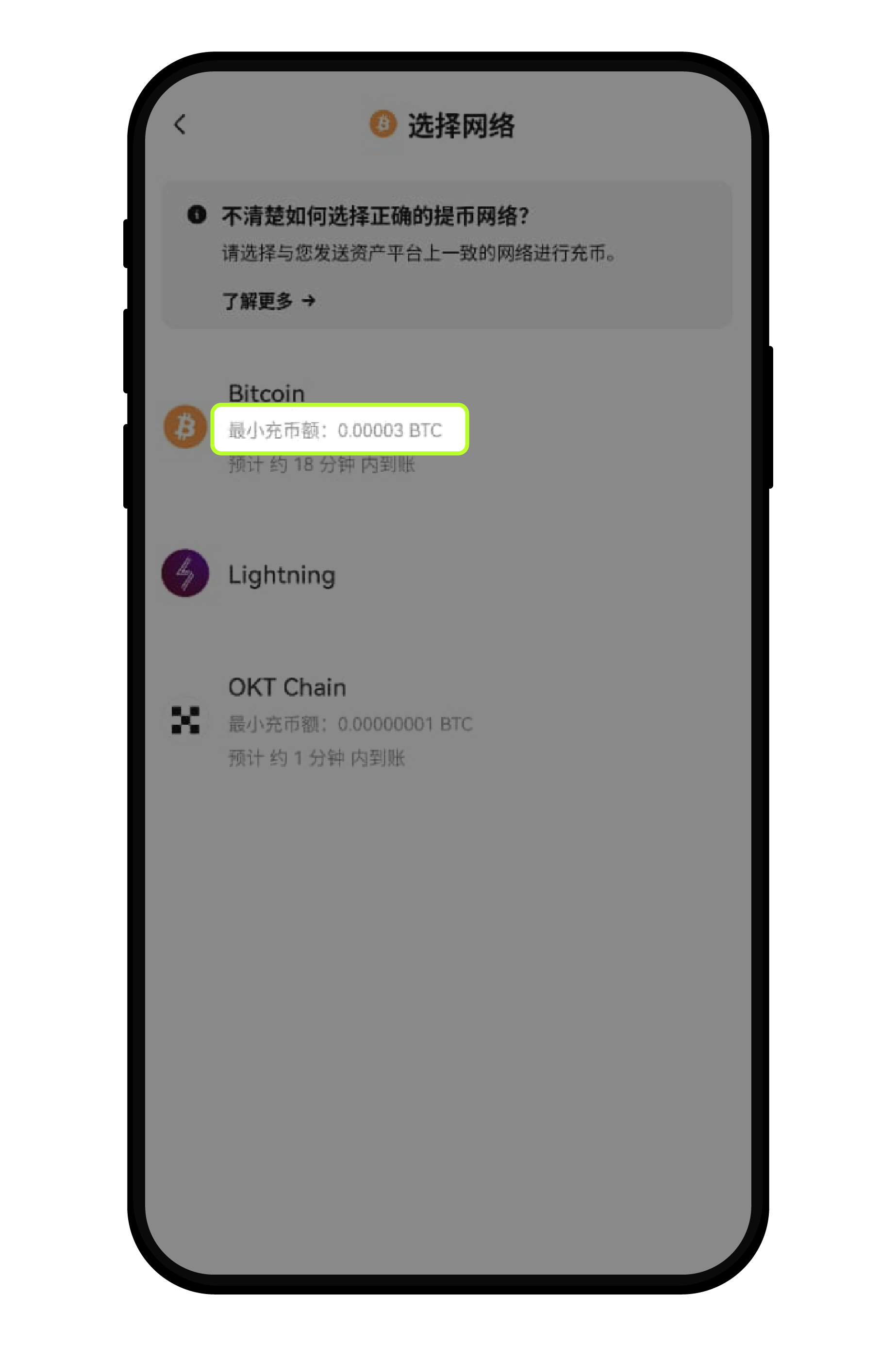 如何找到 BTC 最低充值额度？App