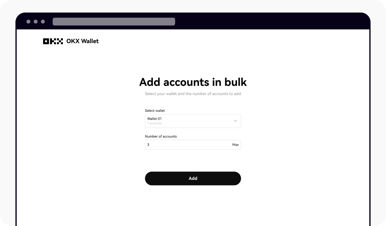 Insert the bulk account creation details on OKX wallet web