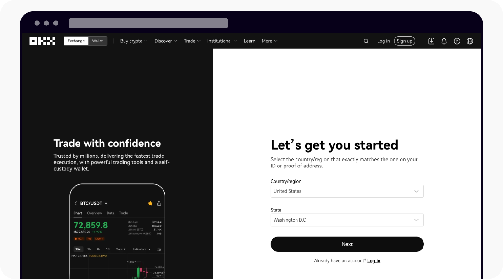 Select your country and states to kickstart your account registration on OKX web