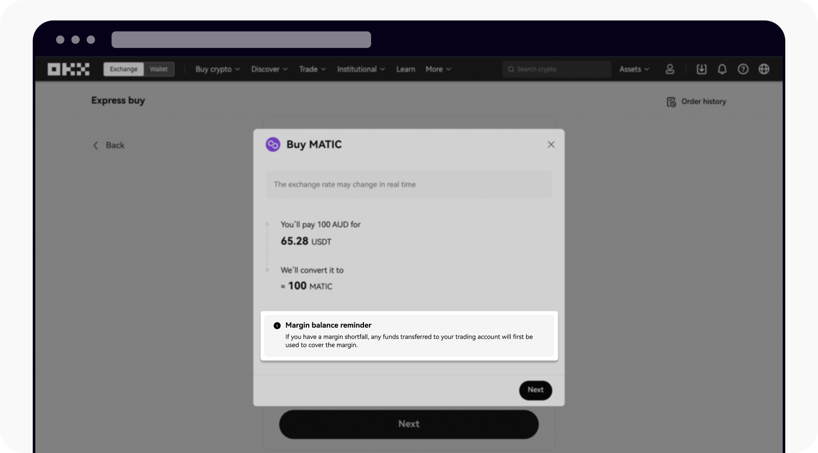 Read the margin balance reminder on OKX web before completing AUD purchase