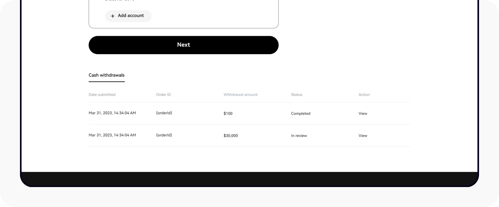 Find your USD withdrawal history at Cash withdrawal page 