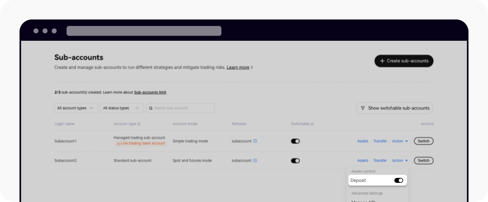 Enable deposit for standard sub-accounts in main account