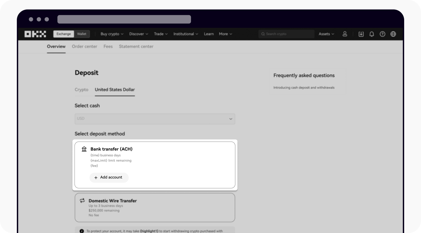 Select ACH as cash deposit method on OKX web