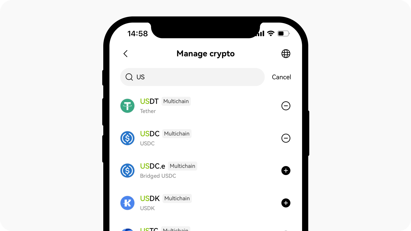 Add or remove crypto in web3 wallet on app