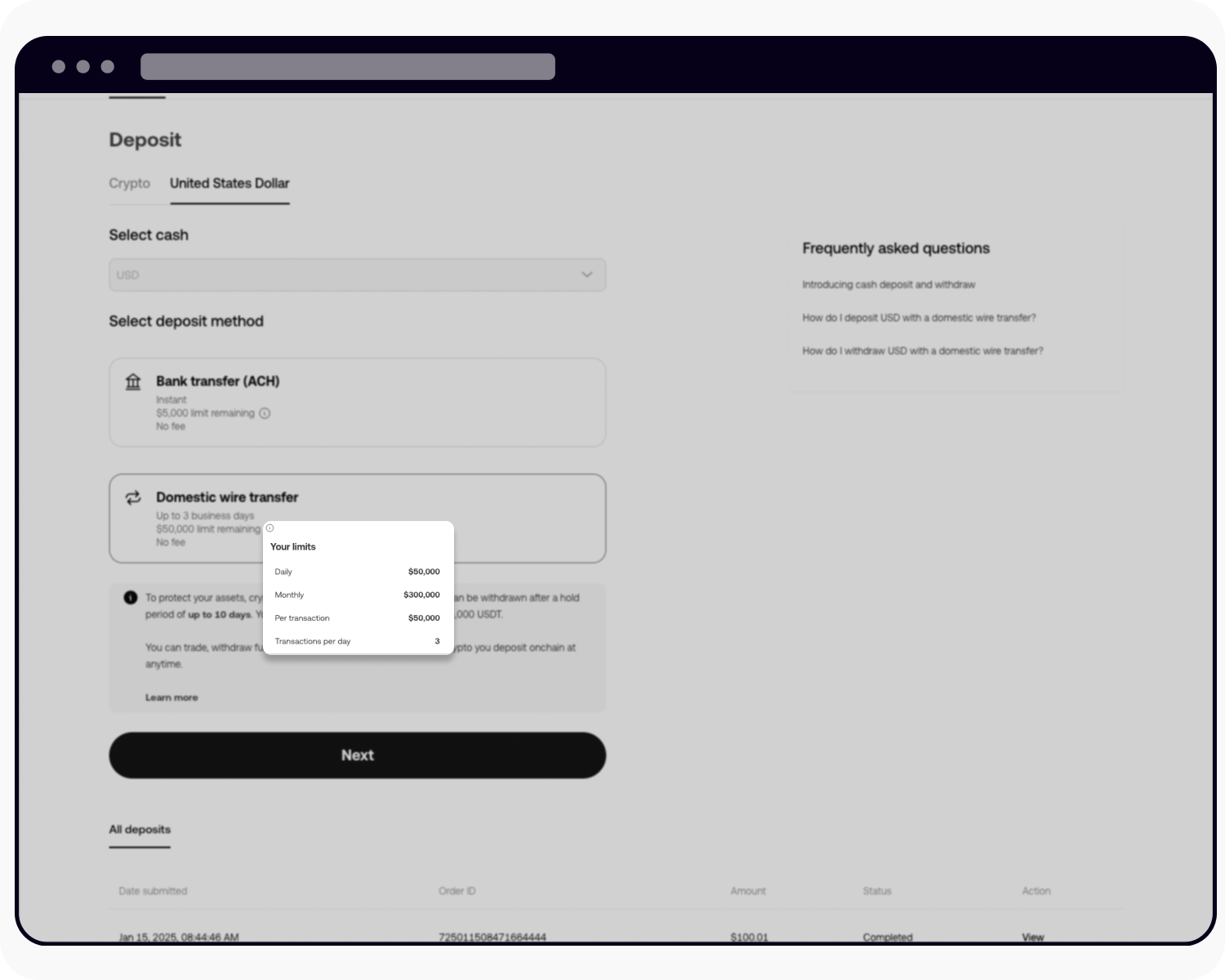 CT-web-cash deposit-wire remaining balance