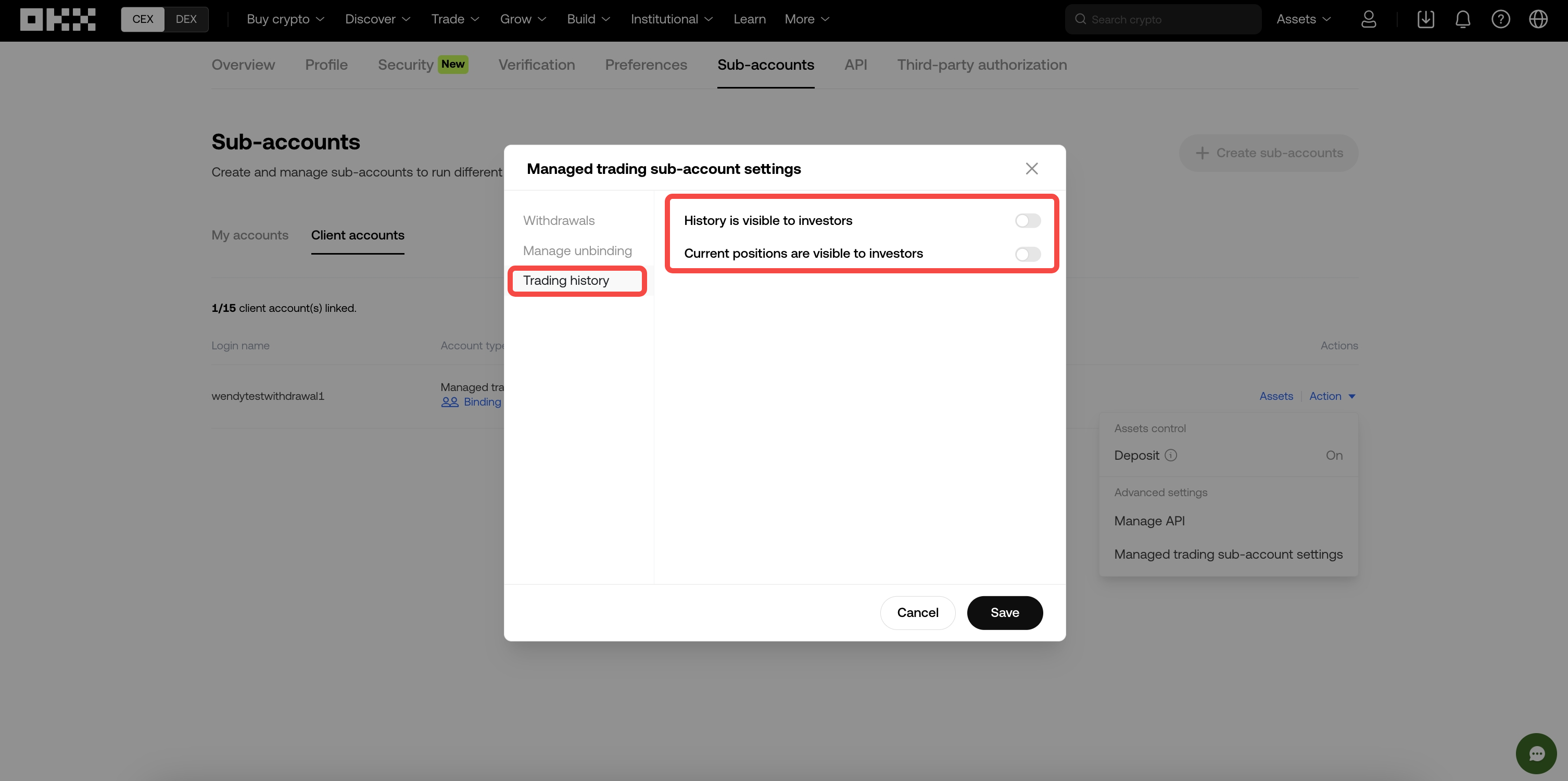 EN MSA settings - Trading history