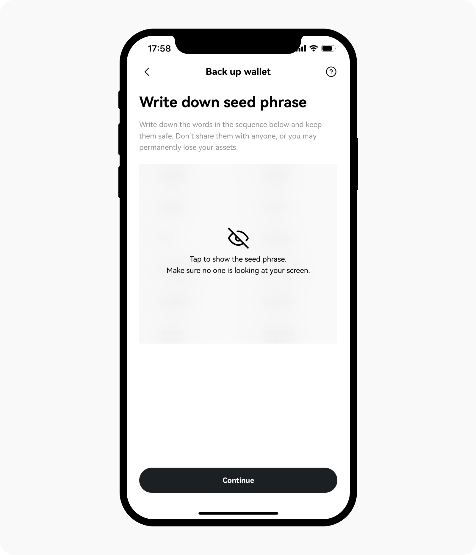 Note down seed phrase to secure your wallet on OKX app