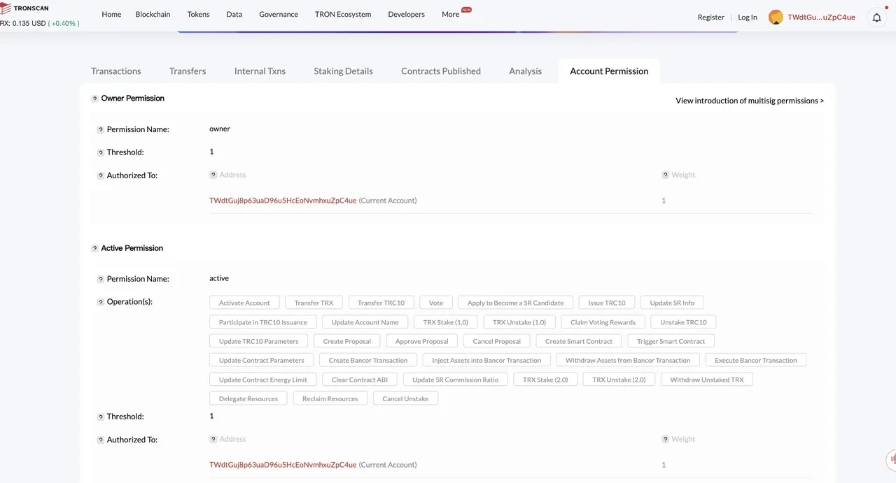 Validating TRON account permissions 