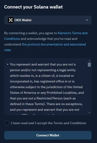 Kamino Finance connecting wallet