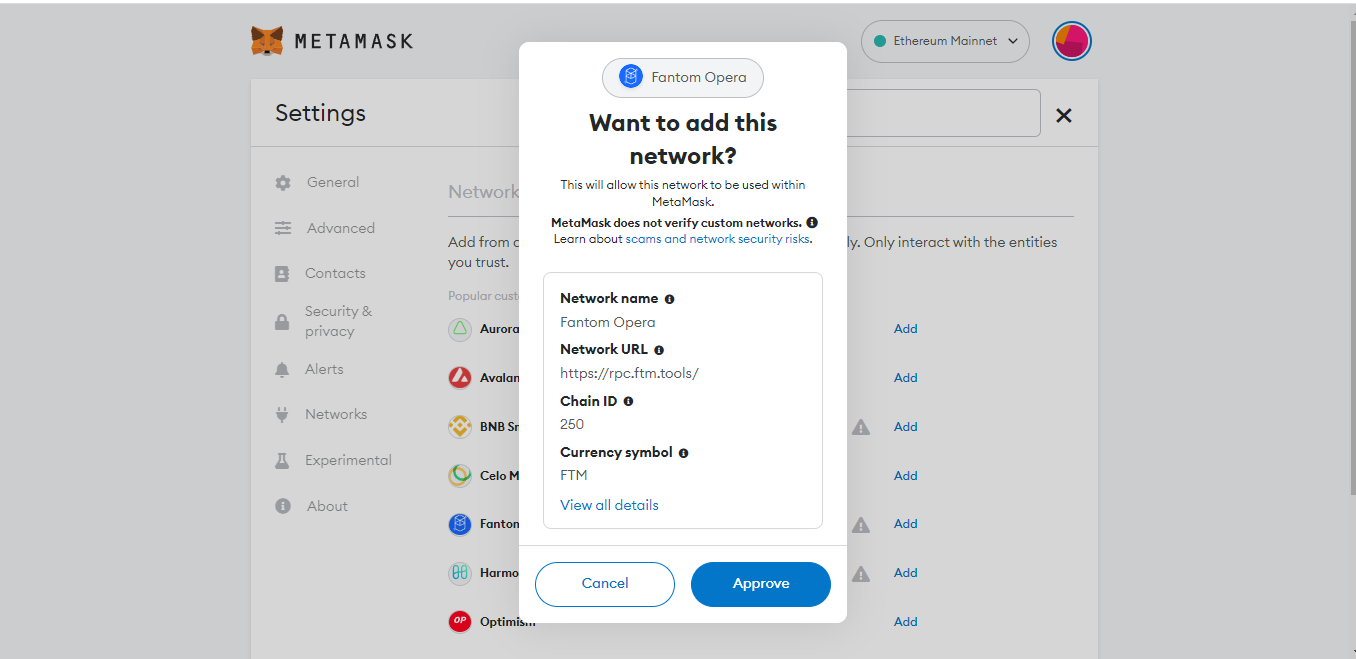 Fantom MetaMask Network